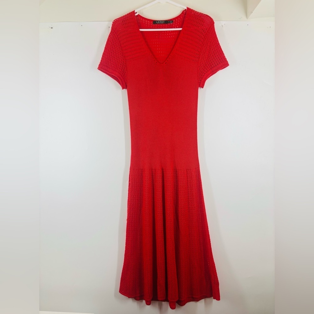 Ralph Lauren Pointelle Red Knit Crochet V Neck Short Sleeve Flare Midi Dress M‎